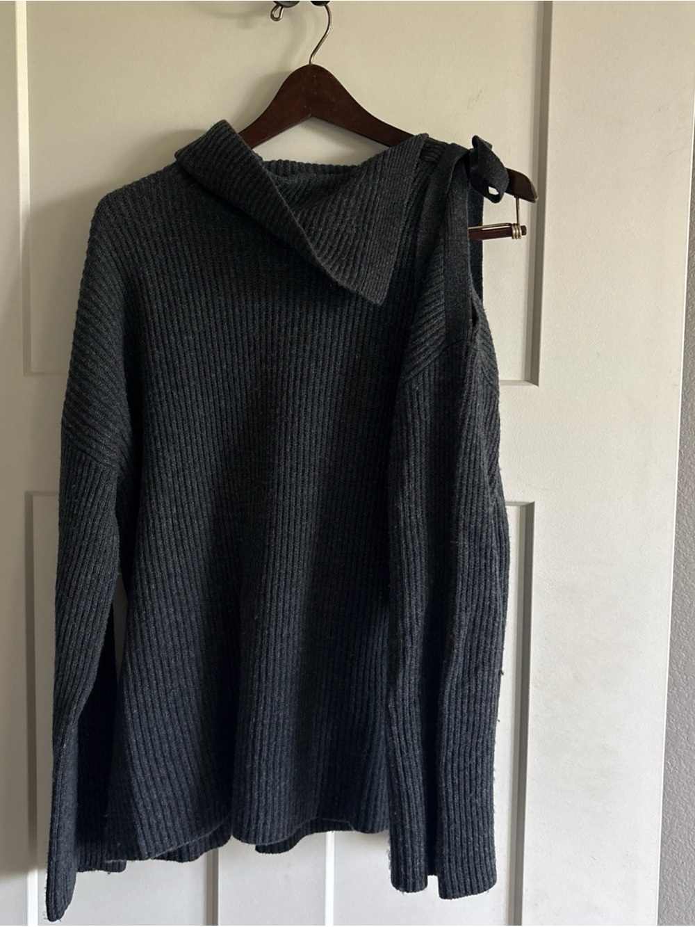 Allsaints Gray small wool blend sweater asymmetric collar shoulder cutout tie